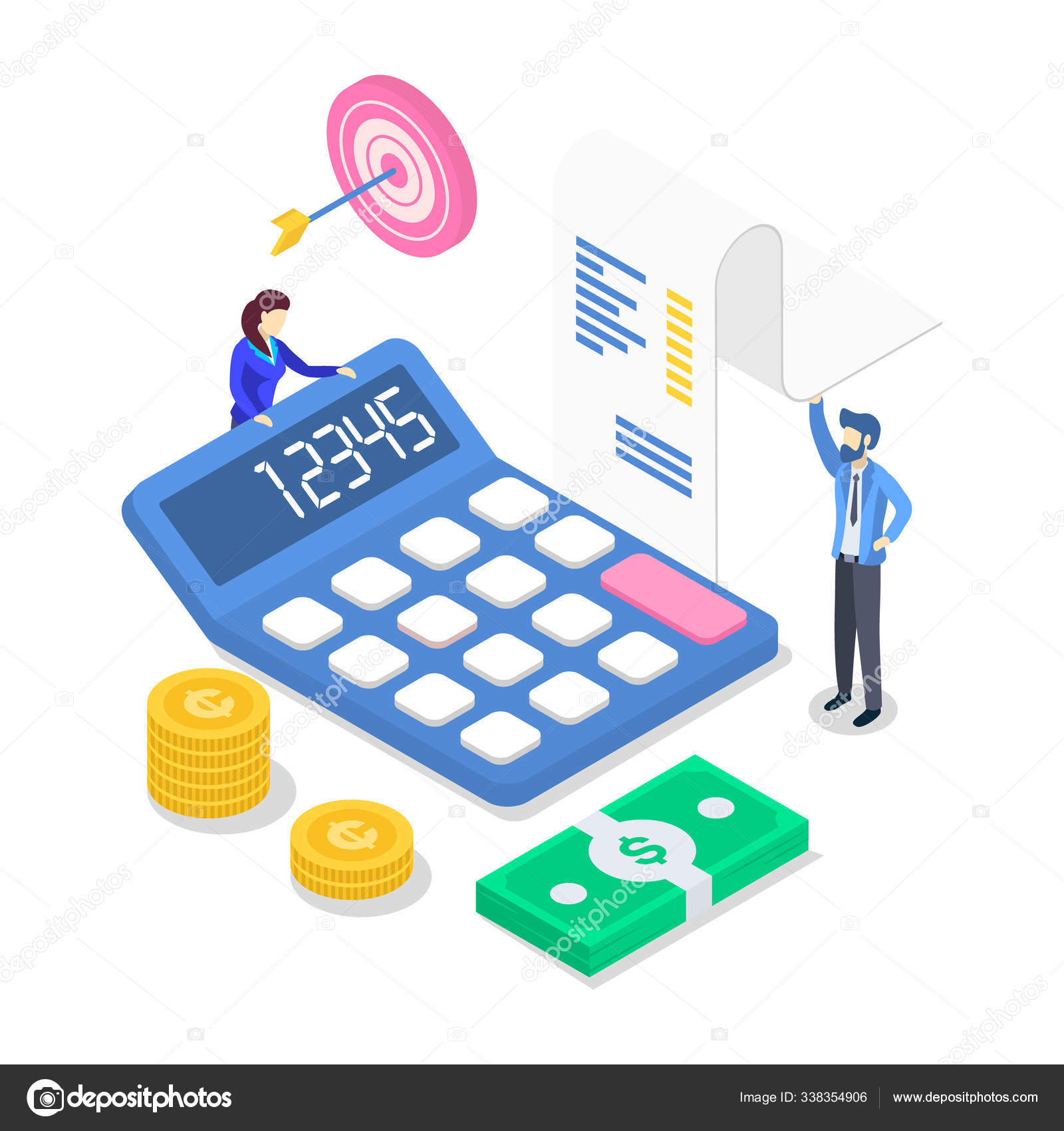 収益等価カラーベクトルイラスト。年次財務報告書会計と監査。収入を数える人々。投資だ事業計画だ税金計算白に隔離された3次元の概念 ストックベクター  ©IMG visuals characters 338354906