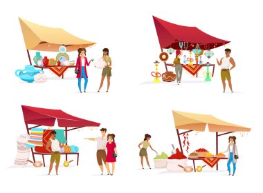 Doğu pazarındaki turistler düz renk vektörlü meçhul karakterler. Mısır pazar tenteleri, el yapımı çömlekler, halılar ve baharatlar. Alıcılar ve satıcılar karikatür çizimlerini beyaza izole ettiler