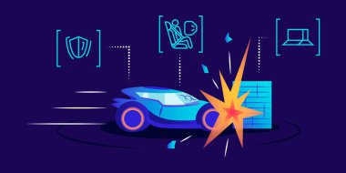 Sürücüsüz araba kazası testi düz renk vektör çizimi. Araç mavi arka planda duvara çarpıyor. Sürücü koruma önlemi, ulaşım dayanıklılığı ve engel tespit sistemi incelemesi