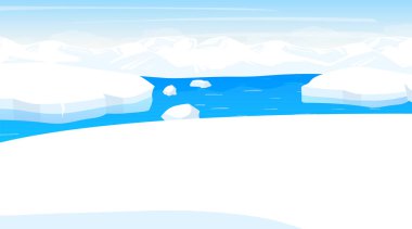 Kuzey kutbu düz vektör çizimi. Antarktika manzarası. Buzdağlı kuzey denizi. Okyanuslu panoramik karlı bir kara parçası. Kutup soğuğu sahnesi. Kuzey yüzeyi. Buz fiyordu. Alaska mı? Arktik çizgi film arkaplanı