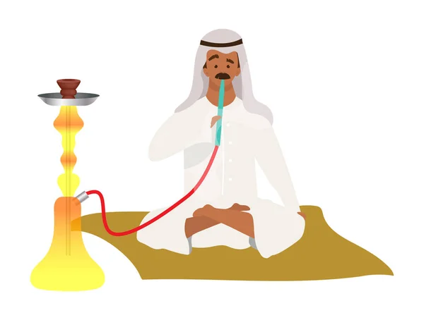 Muzułmanin palenie hookah płaski kolor wektor bezimienny charakter. Arabski, islamski i nargile. Wschodnia kultura palenia. saudyjski mężczyzna dorosły w hidżabie z shisha izolowane kreskówki ilustracja na białym — Wektor stockowy