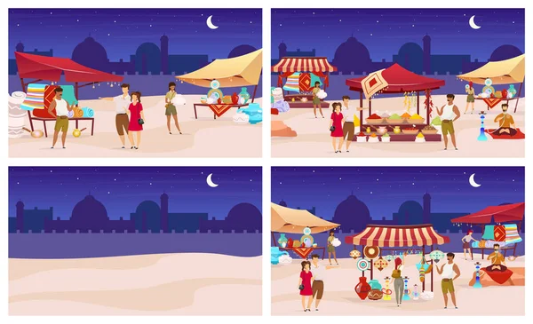 Night bazaar flat color vector illustrations set. Istanbul street market with souvenirs, carpets and exotic products. Tourists buying at eastern marketplace cartoon characters. Arabic souk, fair — 스톡 벡터