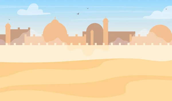 Desert πόλη σιλουέτα τοπίο επίπεδη χρώμα διάνυσμα φόντο. Μουσουλμανικά κτίρια, άμμος και γαλανός ουρανός. Ισλαμική τουρκική αρχιτεκτονική φόντο κινουμένων σχεδίων. Τζαμί και οχυρωμένο τείχος, μιναρές εικονογράφηση — Διανυσματικό Αρχείο