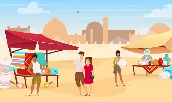 Los turistas que visitan bazar egipcio ilustración plana vector de color. Mercado callejero árabe. Los viajeros que compran alfombras y alfarería hecha a mano personajes de dibujos animados sin rostro con mezquita en el fondo — Vector de stock