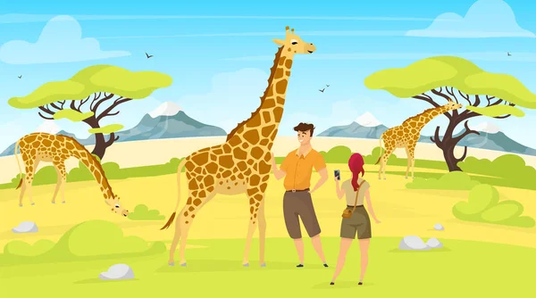 Expedición africana ilustración vectorial plana. Jirafas en Savannah. Mujer y hombre turista observan criaturas del sur. Campo de sabana verde con árboles. Animales y personas personajes de dibujos animados — Vector de stock