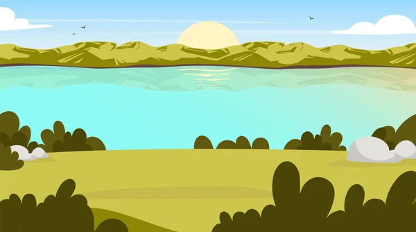 Field view flat vector illustration. Sunrise in valley. Water stream. Scenic park opening with lake. Outdoor panoramic scene. Sunset on green hill. Green environment cartoon background — Stock Vector