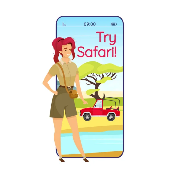 Prova lo schermo dell'app vettoriale dello smartphone del fumetto safari. Esplorazione di Savannah. Display per telefoni cellulari con design a caratteri piatti. Africano spedizione applicazione telefono carino interfaccia — Vettoriale Stock