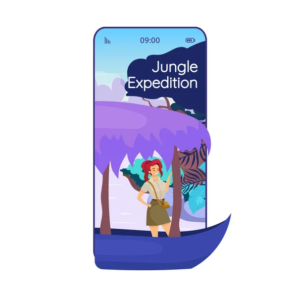 Selva expedição cartoon smartphone vetor app tela. Viagem, viagem. Exibições de telefone celular com design de caráter plano mockup. Aplicação de exploração de floresta tropical telefone interface bonito —  Vetores de Stock