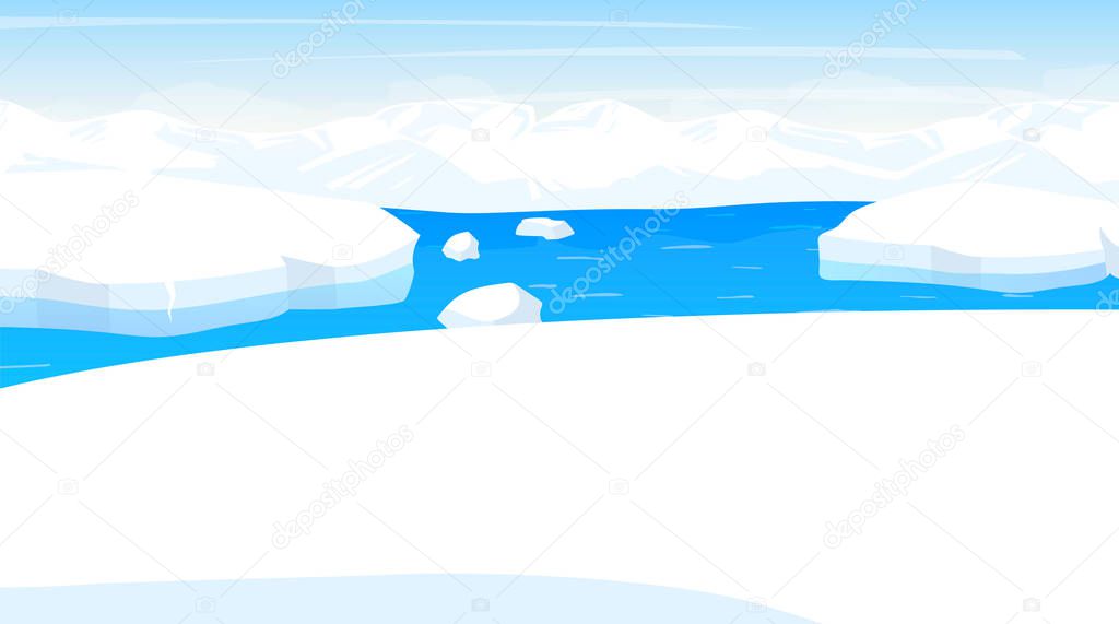 North pole flat vector illustration. Antarctic landscape. Northern sea with iceberg. Panoramic snowy land with ocean. Polar cold scene. Nordic surface. Frost fjord. Alaska. Arctic cartoon background