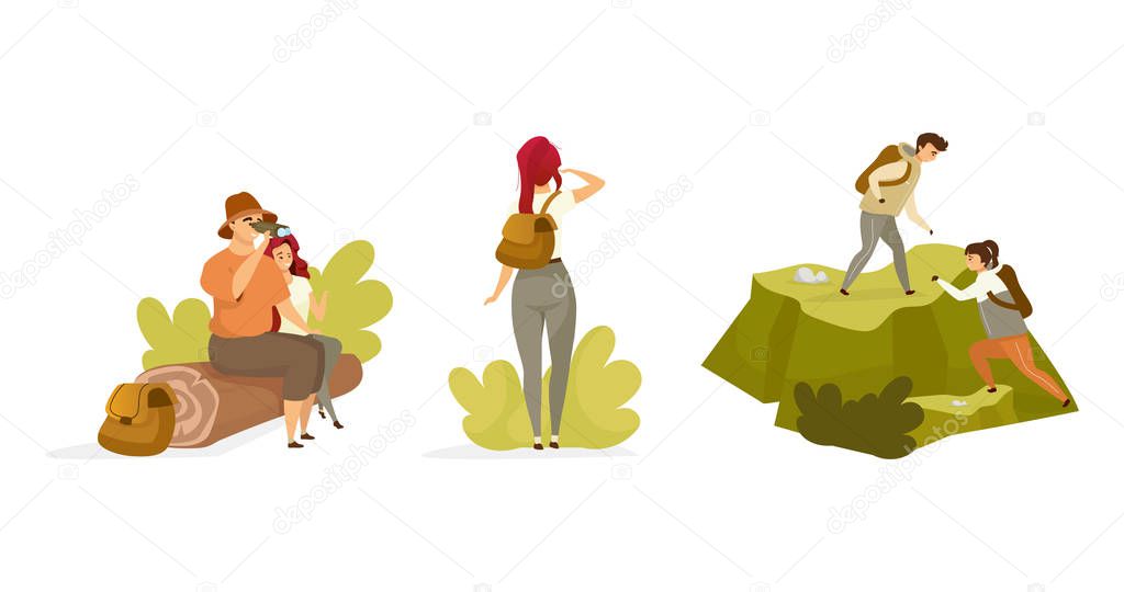 Tourist flat vector illustrations set. Backpackers on expedition to forest. Woman stand and observe. Couple climbing mountain. People sit on log. Female and male isolated cartoon characters