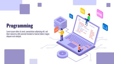 İzometrik sancak vektör şablonu programlanıyor. İniş sayfası için yazılım geliştirme araçları ve kullanılabilirlik test hizmeti 3 boyutlu konsept çizimi. Programcılar, programcılar, Proje Yönetimi