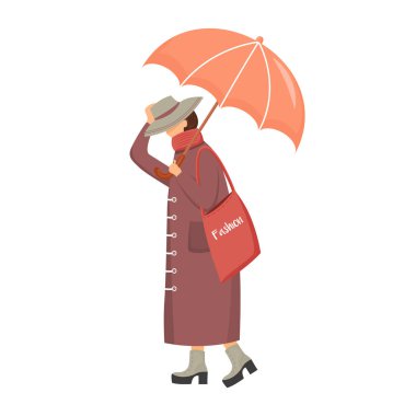 Kahverengi yağmurluklu kadın düz renk vektör yüzsüz karakter. Yürüyen Kafkasyalı kadın. Yağmurlu bir gün. Topuklu giyen şık bir bayan. Beyaz arkaplanda şemsiyeyle izole edilmiş karikatür çizimi olan kadın.