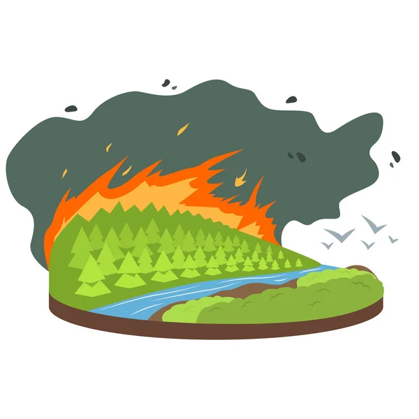 Wildfire ilustración vector de dibujos animados. Pájaros que vuelan del bosque en llamas, bosques. Fuego destruyendo bosques. Cataclismo. Condiciones climáticas extremas. Desastre natural de color plano aislado sobre fondo blanco — Vector de stock