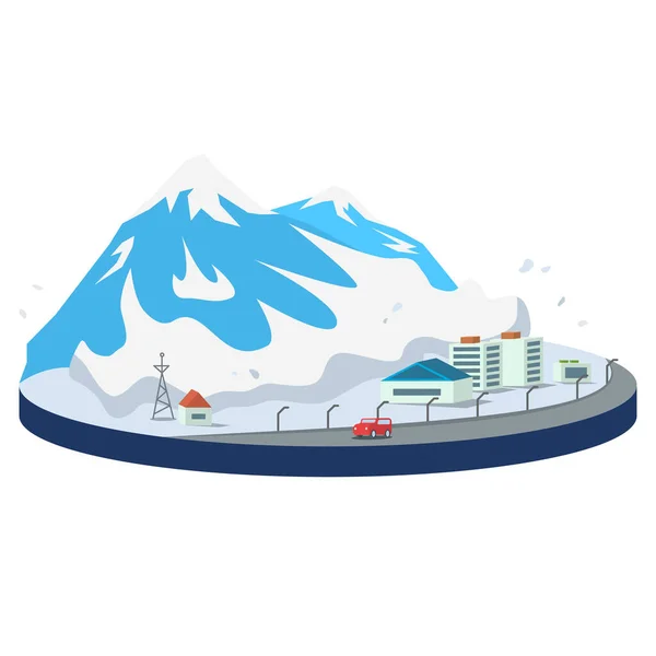 城市卡通人物图解中的Avalanche 。雪落在山坡上.雪崩，雪崩现场。高山上的雪。破坏性的现象。在白色上隔绝的浅色自然灾害 — 图库矢量图片