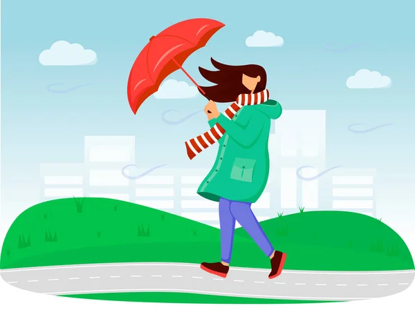 Mujer en impermeable ilustración vector de color plano. Clima ventoso. Un día lluvioso. Mujer con paraguas. Caminando señora caucásica en bufanda personajes de dibujos animados sin rostro con hierba y el cielo en el fondo — Vector de stock