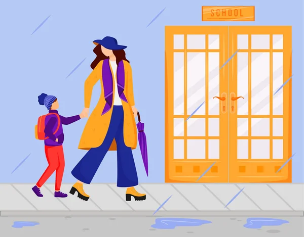 Mother with son flat color vector illustration. Rainy day. Wet weather. Stylish lady in coat, scarf and hat. Parent with child go to school faceless cartoon characters with doors on background — 스톡 벡터