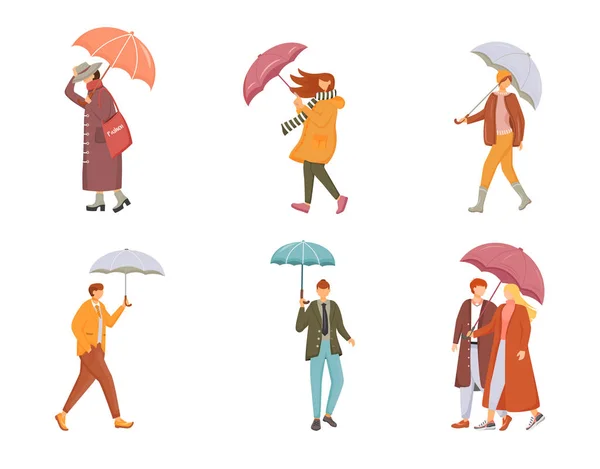 Walking people with umbrellas flat color vector faceless characters set. Rainy day. Wet weather. Caucasian humans. Men and women isolated cartoon illustrations on white background — Stock Vector