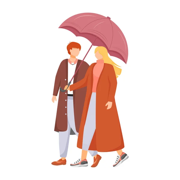 Casal de cor plana vetor de caracteres sem rosto. Tempo chuvoso. Dia húmido de outono. Homem e mulher com guarda-chuva. Família andando em casacos ilustração de desenho animado isolado em fundo branco —  Vetores de Stock