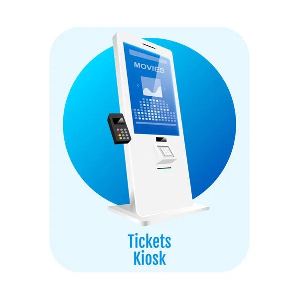 Tickets kiosk flat concept icon. Cinema adesivo terminal eletrônico, clipart. Entretenimento auto serviço contador isolado desenho animado ilustração sobre fundo branco. Placa de auto-encomenda digital — Vetor de Stock