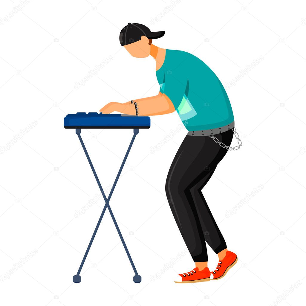 Keyboardist flat color vector illustration. Keyboard player. DJ. Musician. Music band member. Rock and roll. Punk. Man with musical instrument. Concert, gig, club. Isolated cartoon character on white