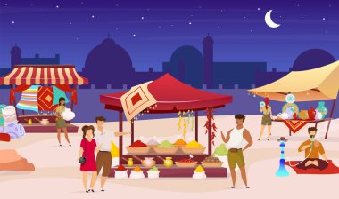 Turkish night market flat color vector illustration. Arabic bazaar, street fair. Tourists, foreigners buying souvenirs, spices faceless cartoon characters with trade awnings on background