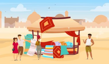 Tourists choosing persian rugs flat vector illustration. Eastern outdoor market. Trade awning with carpets on marketplace. Egyptian bazaar faceless cartoon characters with deserts town on background