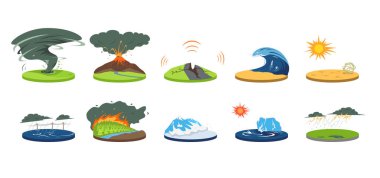 Doğal afetler karikatür vektör çizimi seti. Olağanüstü hava koşulları. Felaket, facia. Sel, çığ, kasırga. Deprem, tsunami. Beyaz üzerine izole edilmiş düz renk felaketleri