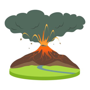 Volcano eruption in rural area cartoon vector illustration. Volcanic activity. Active volcano spewing lava and smoke. Catastrophe, calamity. Flat color natural disaster isolated on white background