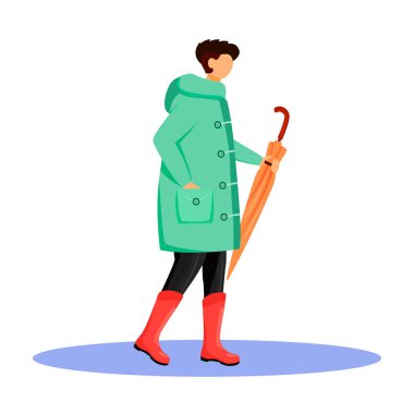 Man in raincoat flat color vector faceless character. Walking caucasian guy in gumboots. Rainy weather. Autumn wet day. Male with umbrella in hand isolated cartoon illustration on white background