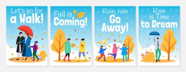 Walking in rain poster flat color vector templates set. Positive mood. Brochure, cover, booklet one page concept design, cartoon characters. Wet weather. Advertising flyer, leaflet, banner, newsletter