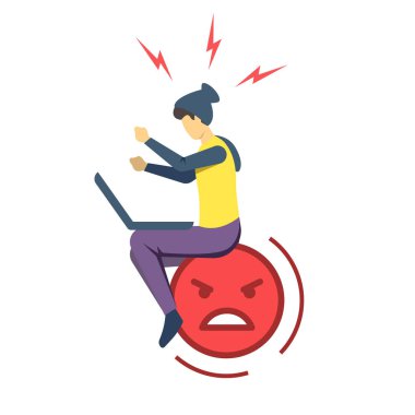 Angry guy with laptop semi flat RGB color vector illustration. Negative emoticon. Irritated, annoyed person. Consumer feedback. Quality evaluation. Bad review. Isolated cartoon character on white