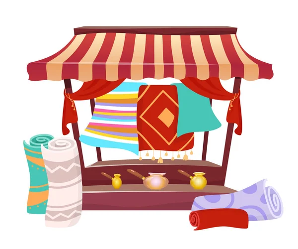 Bazaar trade awning with handmade carpets cartoon vector illustration. Eastern marketplace tent, canopy with souvenirs, persian rugs flat color object. Asian fair marquee isolated on white background — 스톡 벡터
