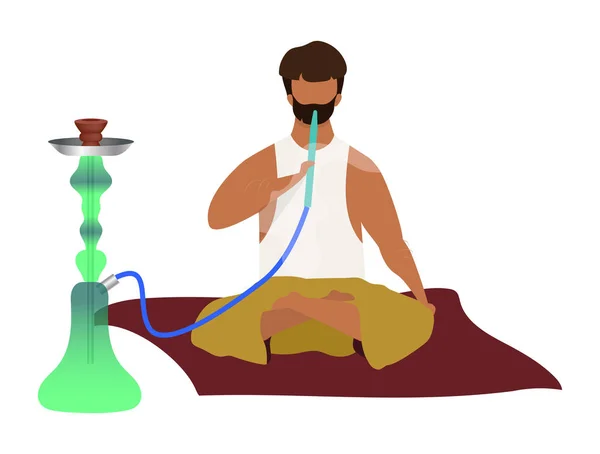 Homem árabe sentado e fumando narguilé cor plana personagem vetor sem rosto. Tradicional oriental, cultura do fumo. Egípcio cara com shisha, hooka isolado desenho animado ilustração no fundo branco — Vetor de Stock