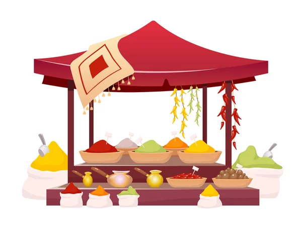 Tenda bazar indiano con spezie fumetto vettoriale illustrazione. Tailandia mercato tenda con condimento esotico, erbe tradizionali oggetto di colore piatto. Baldacchino orientale isolato su sfondo bianco — Vettoriale Stock