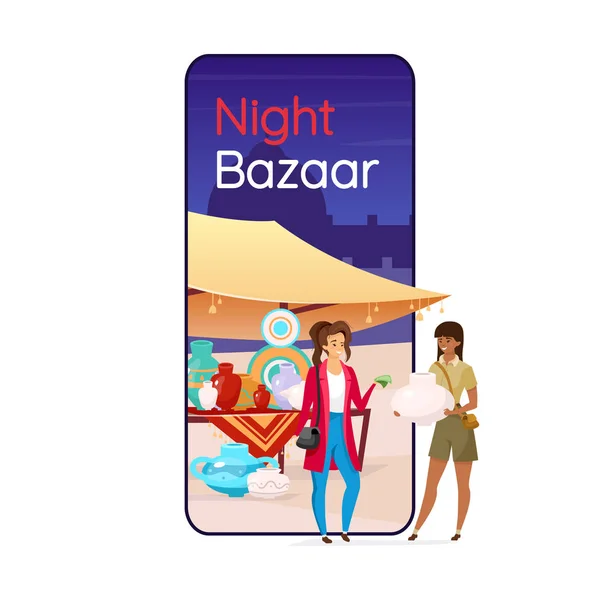 Night bazaar cartoon smartphone vector app screen. Istanbul street market. Mobile phone display with flat character mockup. Traditional eastern fair. Turkish souk application telephone interface — ストックベクタ