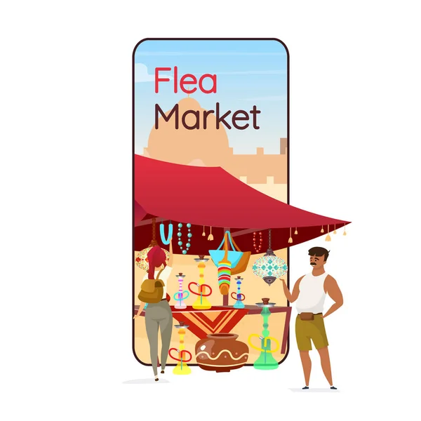 Flea market cartoon smartphone vector app screen. Bazaar, eastern fair advertising. Mobile phone display with flat character design mockup. Oriental marketplace application telephone interface — 스톡 벡터