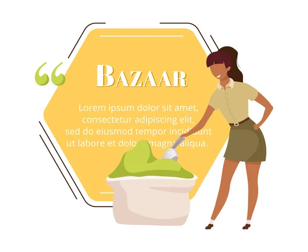 Indian bazaar buyer flat color vector character quote. Exotic spices advertising. Eastern fair, market. Citation blank frame template. Buyer with speech bubble. Quotation empty text box design — 图库矢量图片