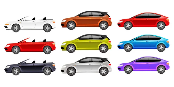 Αυτοκίνητα επίπεδη χρώμα διανυσματικά αντικείμενα που. Διαφορετικές προσωπικές μεταφορές 2d μεμονωμένες εικονογραφήσεις κινουμένων σχεδίων σε λευκό φόντο. Πολυτελή cabriolet, οικογένεια hatchback και μοντέρνο sedan σε διάφορα χρώματα — Διανυσματικό Αρχείο