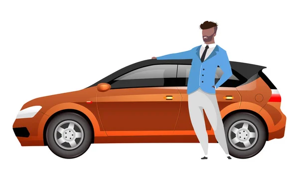 Muž stojící vedle plochého barevného vektoru bez tváře. Africký americký podnikatel s autoizolovanými kreslenými ilustracemi pro webový grafický design a animaci. Šťastný rodinný majitel auta — Stockový vektor