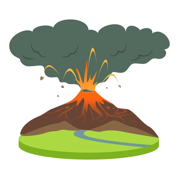 Erupción del volcán en el área rural ilustración vectorial de dibujos animados. Actividad volcánica. Volcán activo vomitando lava y humo. Catástrofe, calamidad. Desastre natural de color plano aislado sobre fondo blanco — Vector de stock