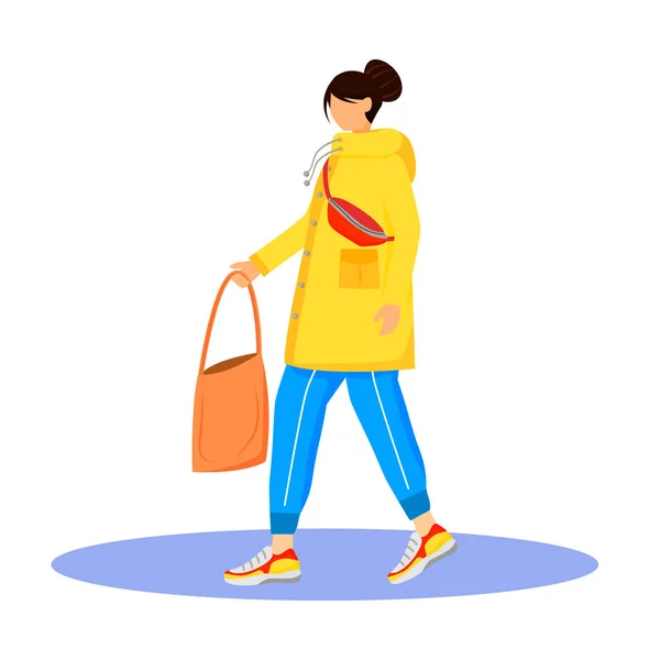 Woman in raincoat flat color vector faceless character. Walking caucasian lady in sweatpants and sneakers. Wet weather. Female with bag in hand isolated cartoon illustration on white background — 图库矢量图片