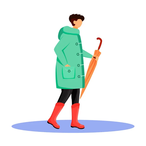 Muž v pláštěnce s plochým barevným vektorem bez tváře. Chodící běloch v gumových botách. Deštivé počasí. Podzimní mokrý den. Muž s deštníkem v ruce izolované kreslené ilustrace na bílém pozadí — Stockový vektor