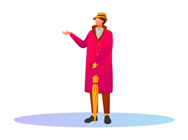 Man in pink raincoat flat color vector faceless character. Staying caucasian guy in hat and scarf. Rainy weather. Autumn wet day. Male with umbrella isolated cartoon illustration on white background — 스톡 벡터