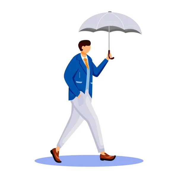 Man in jacket flat color vector faceless character. Rainy weather. Autumn wet day. Male with umbrella. Walking caucasian guy in suit isolated cartoon illustration on white background — Stock Vector