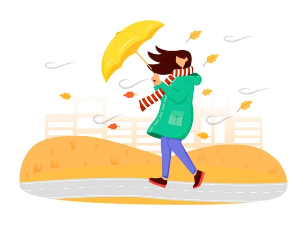 Mujer en impermeable verde de color plano vector de carácter sin rostro. Naturaleza otoñal. Clima ventoso. Mujer con paraguas. Caminando señora caucásica en bufanda ilustración de dibujos animados aislados sobre fondo blanco — Vector de stock