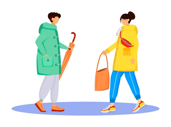 People in raincoats flat color vector faceless characters. Walking caucasian humans. Rainy day. Male with umbrella. Female with bag in hand isolated cartoon illustration on white background — 스톡 벡터