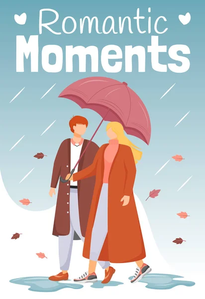 Romantic moments poster flat color vector template. Walking couple in rain. Brochure, cover, booklet one page concept design, cartoon characters. Advertising flyer, leaflet, banner, newsletter — 스톡 벡터