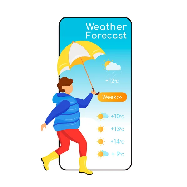 Weather forecast cartoon smartphone vector app screen. Mobile phone display, flat character mockup. Child in gumboots. Kid with umbrella. Boy in coat. Meteorology application telephone interface — Stock Vector