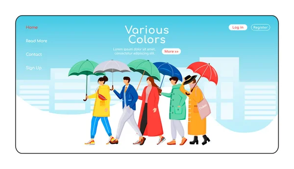 Various color umbrellas landing page flat color vector template. People in raincoats homepage layout. Rainy weather one page website interface with cartoon character. Walking crowd web banner, webpage — 스톡 벡터
