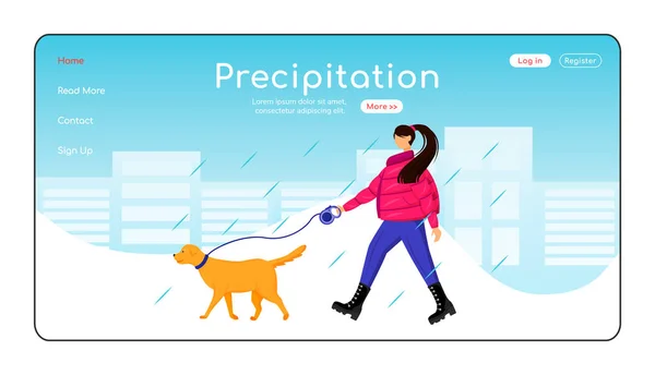 Precipitation landing page flat color vector template. Caucasian lady walking dog homepage layout. Rainy day one page website interface with cartoon character. Wet weather web banner, webpage — 스톡 벡터